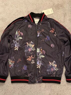Jack & Jones Black Bomber Jacket with Floral Accents (Brand New, Never Worn)